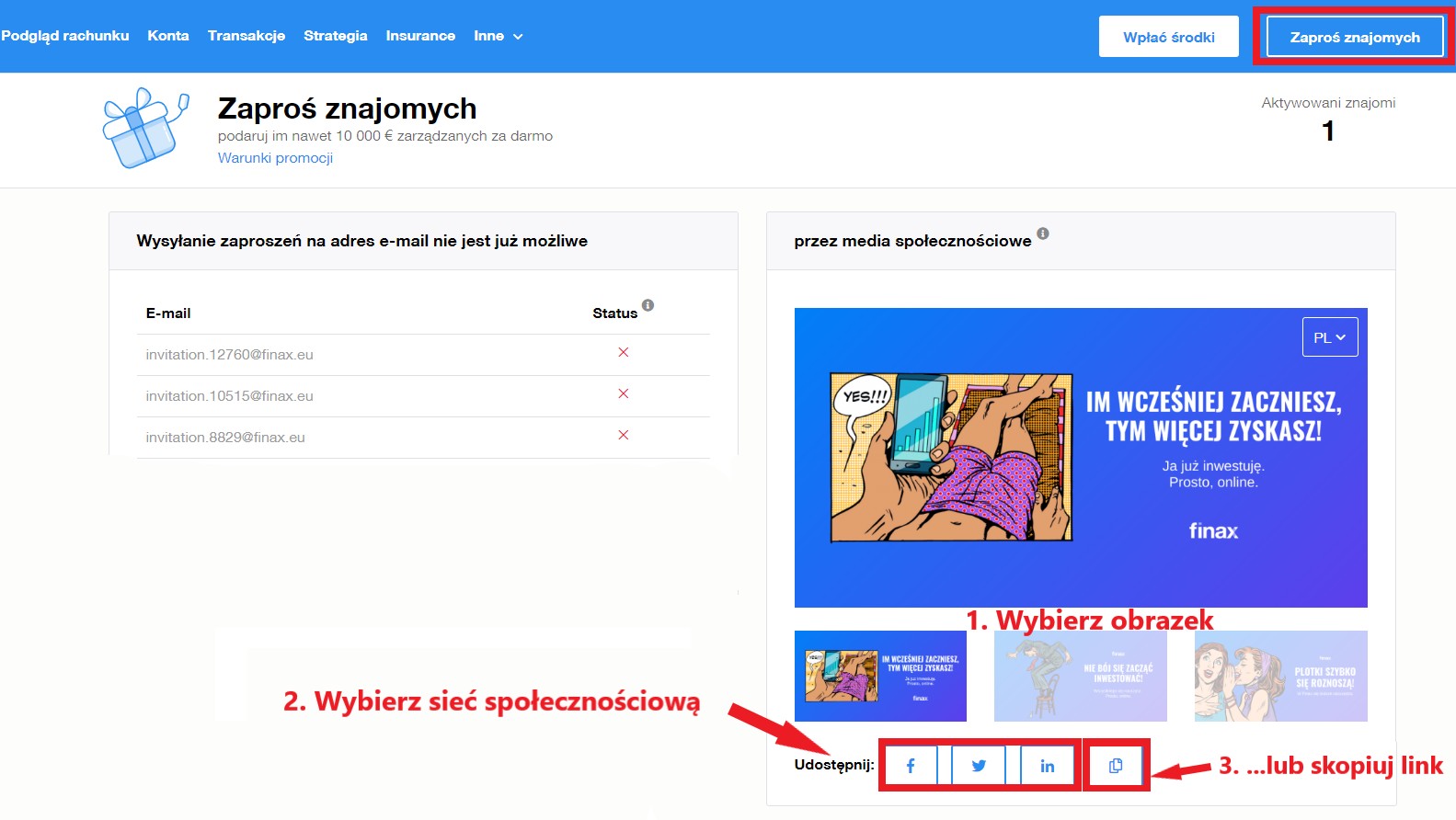 Zaproś znajomych przez aplikacją mobilną Finax | Finax.eu